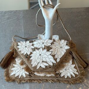 ibBan Anthropologie Burlap White Floral Beaded Rhinestones Crossbody/Clutch- NEW